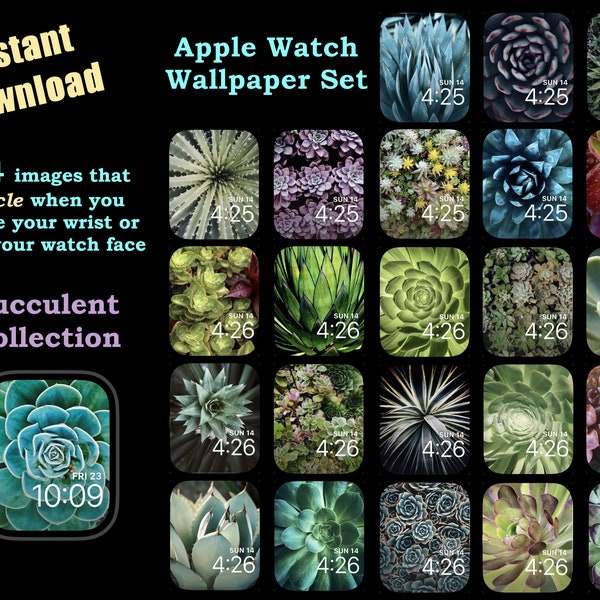 Ensemble à changement automatique de Fond d’écran Apple Watch « Succulents » - Une collection de 24 images qui cyclent lorsque vous tournez votre poignet.