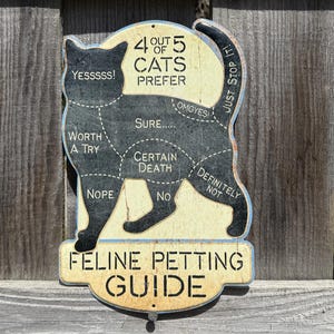 May include: A wooden sign in the shape of a cat, with a feline petting guide. The sign is painted with a black cat silhouette and text that reads "4 out of 5 cats prefer" and "Feline Petting Guide."