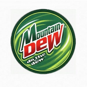 May include: A green and red logo for Mountain Dew, a citrus-flavored soft drink. The logo features the words "Mountain Dew" in a white font with a red outline, and the slogan "Do the Dew" in a white font with a green outline.