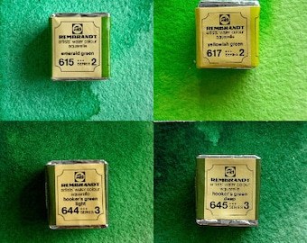 Vintage Watercolor Paint Set of 4 Green Rembrandt Watercolour Half Pans ~1970's-1980's professional watercolors