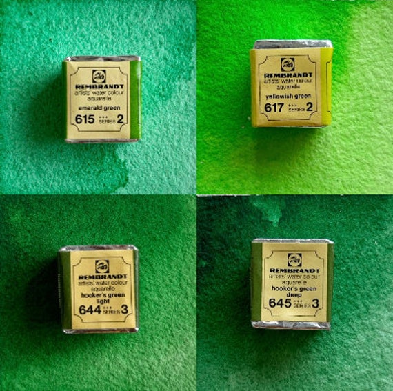 Vintage Watercolor Paint Set of 4 Green Rembrandt Watercolour Half Pans ~1970's-1980's professional watercolors