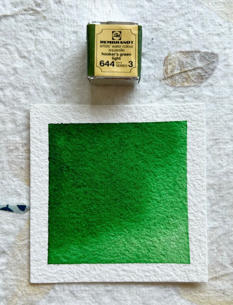 Puede incluir: Una peque&ntilde;a caja de pintura acuarela cuadrada, amarilla y negra, con el texto "REMBRANDT artists' water colour aquarelle hooker's green light 644 SERIES 3" en la etiqueta. Una lavada de acuarela verde est&aacute; pintada en un papel blanco.