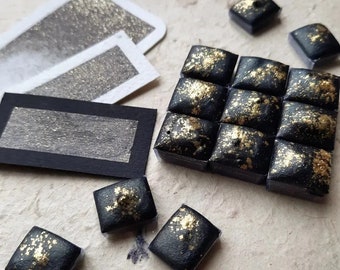 Fallen Stars - Handmade Watercolor - Dark Shimmer Watercolor Paint - Vegan shimmer watercolors - Black and Gold handmade watercolor paint