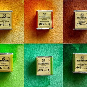 May include: Six watercolor paint tubes in a grid pattern. The tubes are labeled with the brand name "Rembrandt" and the color name. The colors are: Talens Yellow Deep, Talens Orange, Transparent Oxide Red, Yellowish Green, Emerald Green, and Hooker's Green Deep.