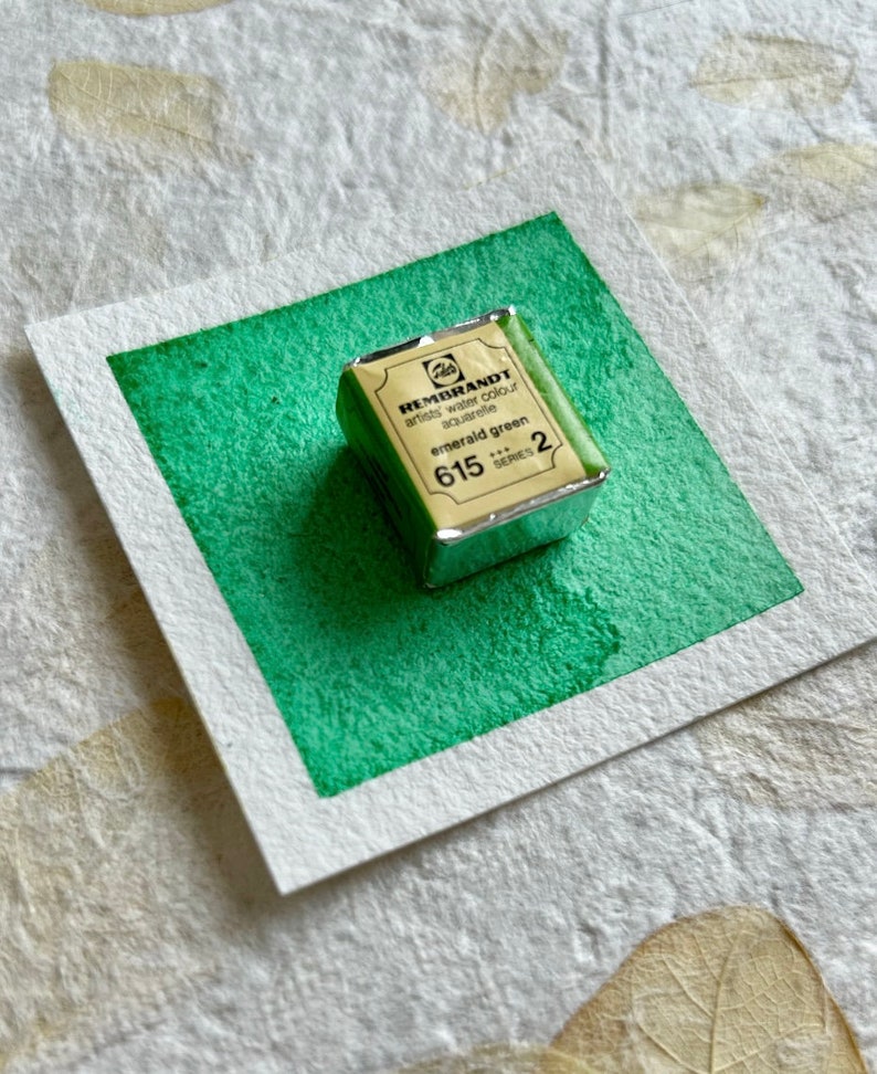May include: A small, silver-colored pan of emerald green watercolor paint. The pan is labeled "Rembrandt artist's water colour" and "emerald green 615 series 2".