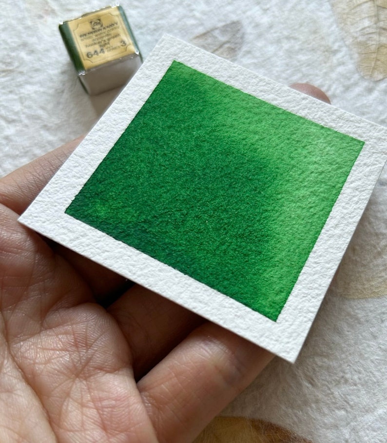 Puede incluir: Una paleta de pintura acuarela con un degradado de verde, etiquetada "Winsor & Newton Cotman Water Colour 644 Green"