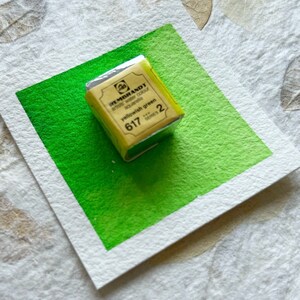 May include: A small, yellow watercolor paint pan with the text "REMBRANDT artist's water colour aquarelle yellowish green 617 series 2" on the label.