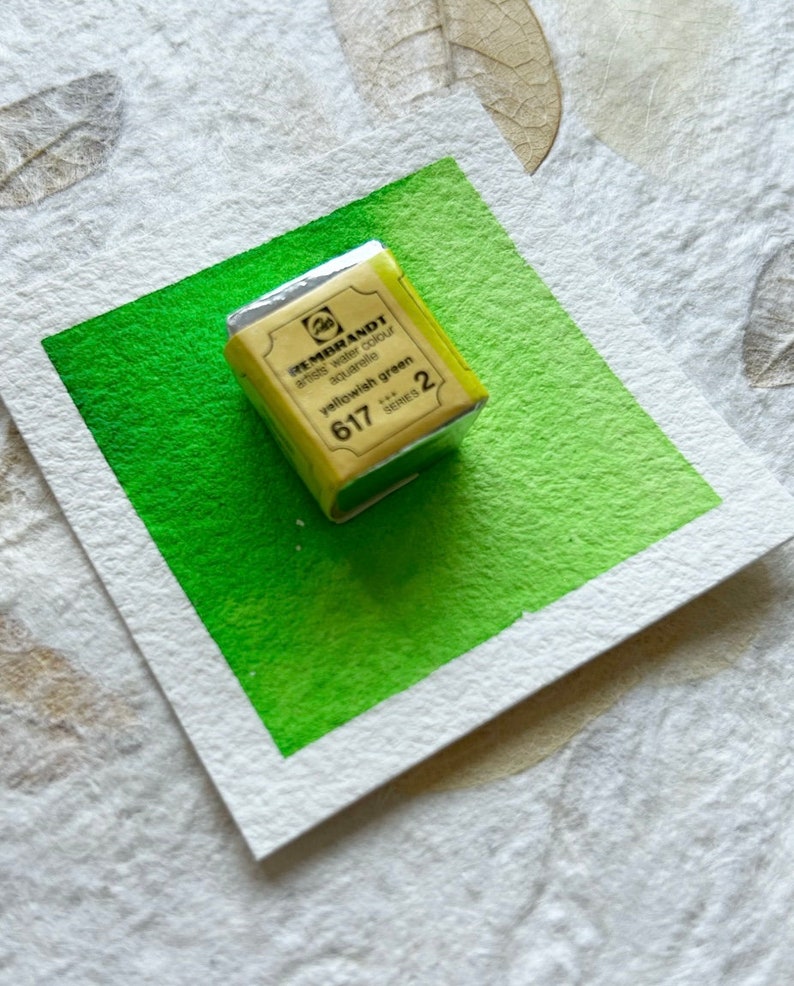 May include: A small, yellow watercolor paint pan with the text "REMBRANDT artist's water colour aquarelle yellowish green 617 series 2" on the label.