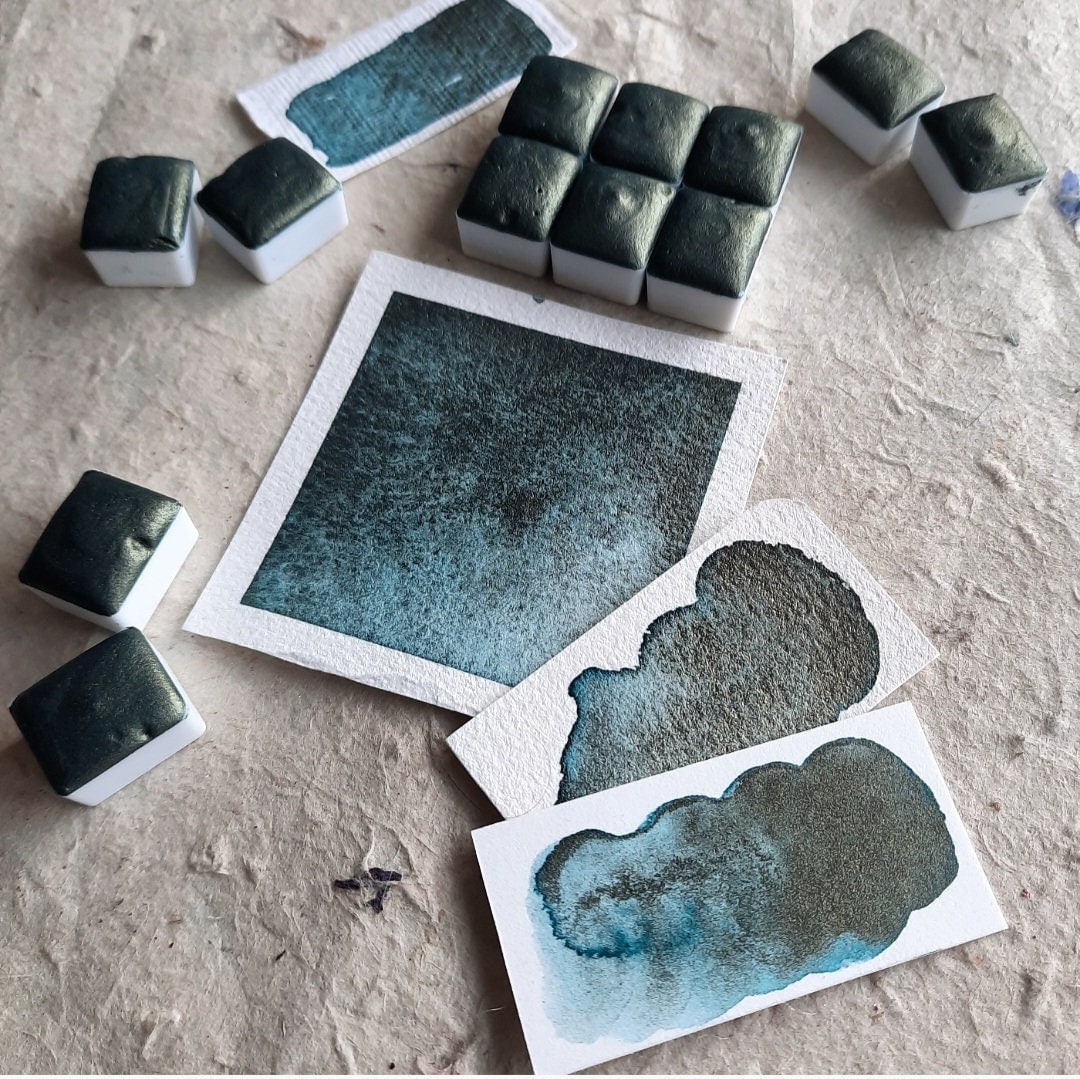 Handmade Watercolor - Haunter of the Woods ~ Dark Green Granulating Shimmer Watercolor Paint - Duochrome Handmade vegan shimmer watercolors