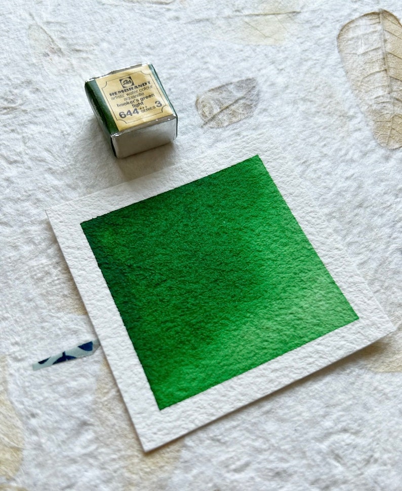 Puede incluir: Una peque&ntilde;a bandeja de pintura de acuarela Winsor & Newton de color plateado. La etiqueta dice "Winsor & Newton Artists' Water Colour, Hooker's Green Light, 644, 3.5 ml Tubes". La pintura es de un verde vibrante.