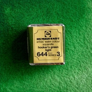 May include: A gold and black watercolor paint tube labeled "REMBRANDT artists' water colour aquarelle hooker's green light 644 +++ SERIES 3"