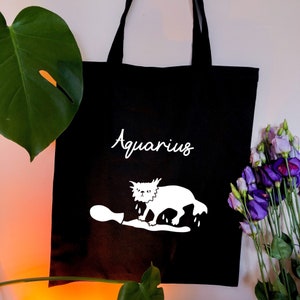 Aquarius star sign Astrology tote bag, Adorable and humorous Cat soaked with water Aquarius zodiac black tote bag, Horoscope tote bag uk