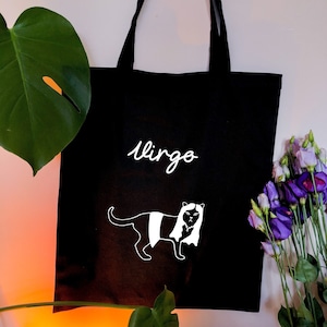 Virgo star sign Astrology tote bag, Adorable and humorous Cat dressed as A Maiden, Virgo zodiac black tote bag, Horoscope tote bag uk