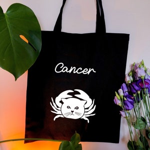 Cancer star sign Astrology tote bag, Cute humorous Cat dressed up as a fish, Cancer zodiac black tote bag, Horoscope tote bag uk