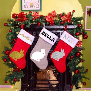 Personalised Bunny Rabbit Christmas Stocking | Custom Name & Image Holiday Stocking in Red or Grey