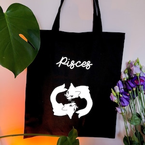 Pisces star sign Astrology tote bag, Adorable and humorous two cats with fish bodies zodiac black tote bag, Horoscope tote bag uk