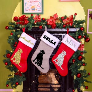 Personalised Labrador retriever Christmas Stocking for dogs | Custom Labrador Dog Name & Image Holiday Xmas Stocking in Red or Grey