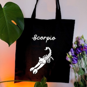 Scorpio star sign Astrology tote bag, Adorable and humorous Cat as Scorpion zodiac black tote bag, Horoscope tote bag uk