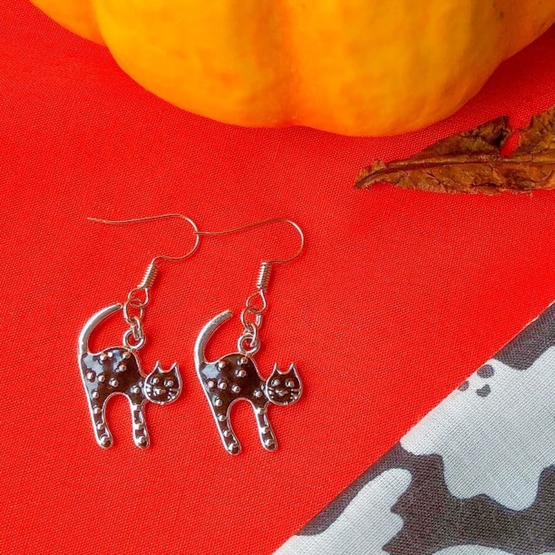 Shocked Black Cat Halloween Earrings Novelty Black Cat Etsy UK