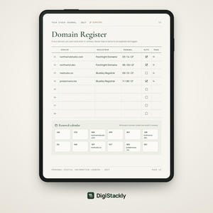 May include: A digital tablet displaying a Domain Register page from a Tech Stack Journal. The screen shows a table with columns for domain, registrar, renewal date, and auto-renew status, followed by a renewal calendar section for 2027.