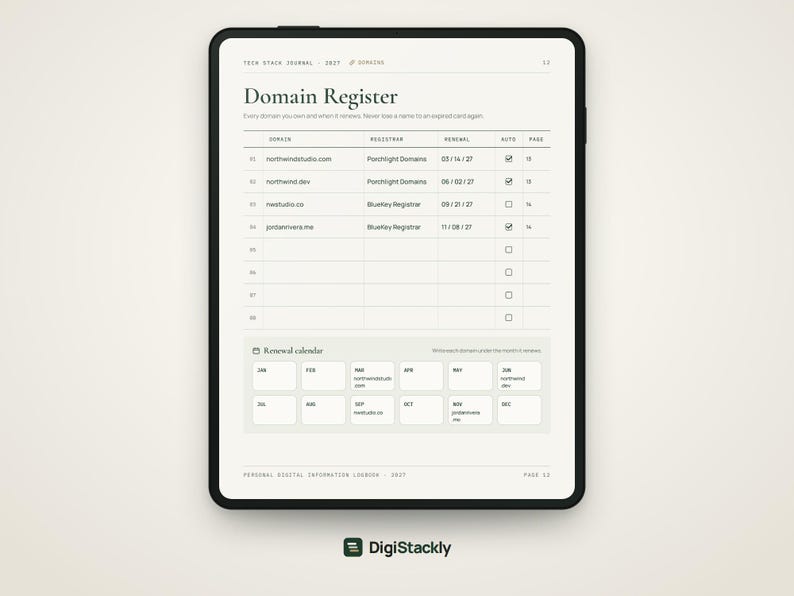 May include: A digital tablet displaying a Domain Register page from a Tech Stack Journal. The screen shows a table with columns for domain, registrar, renewal date, and auto-renew status, followed by a renewal calendar section for 2027.