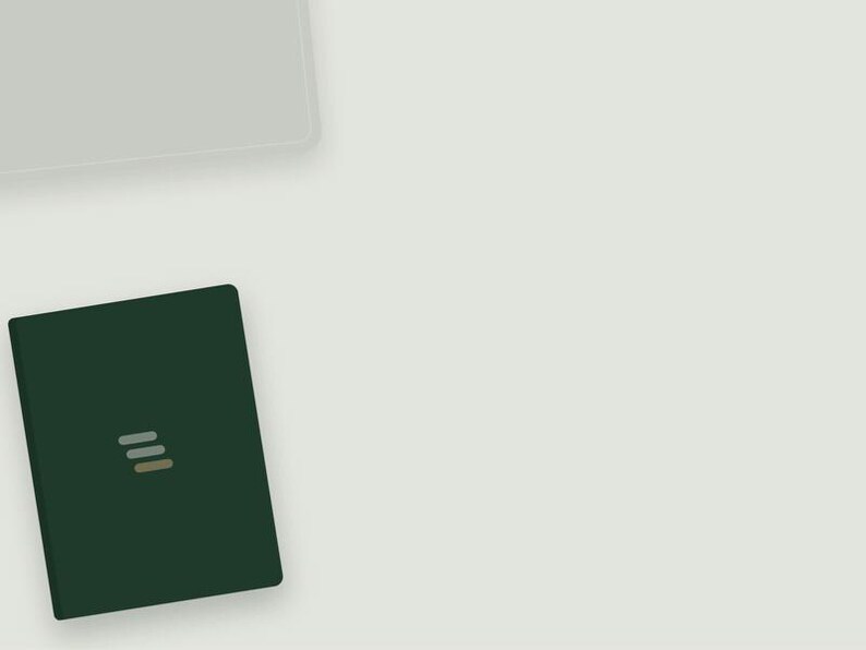 May include: A dark forest green rectangular notebook featuring a small, centred logo composed of three horizontal, stacked bars in light grey, white, and tan colours. The notebook is positioned in the lower left corner of the frame.