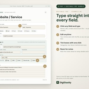 May include: A digital fillable PDF template for a tech stack journal. The document features fields for website service names, categories, login URLs, usernames, passwords, account IDs, and notes. Text includes instructions on how to edit fields.