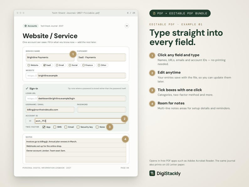 May include: A digital fillable PDF template for a tech stack journal. The document features fields for website service names, categories, login URLs, usernames, passwords, account IDs, and notes. Text includes instructions on how to edit fields.