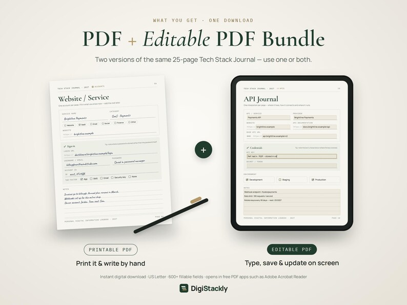 May include: A digital bundle featuring a 25-page Tech Stack Journal in two formats: a printable PDF for handwritten notes and an editable PDF for digital input. The layout includes sections for Website/Service and API Journal details.