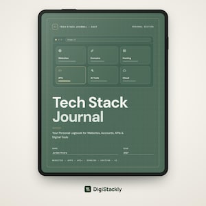 May include: A sage green digital tablet displaying the Tech Stack Journal 2027 interface. The screen features a grid layout with sections for Websites, Domains, Hosting, APIs, AI Tools, and Cloud, alongside the text Your Personal Logbook.