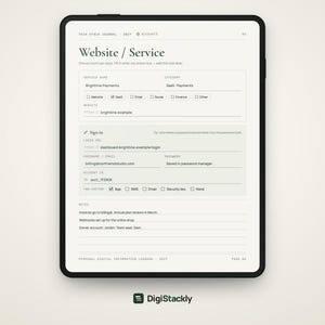 May include: A digital tablet displaying a Tech Stack Journal page titled Website / Service. The form includes fields for service name, category, website, sign-in details, username, password, account ID, two-factor authentication, and notes.