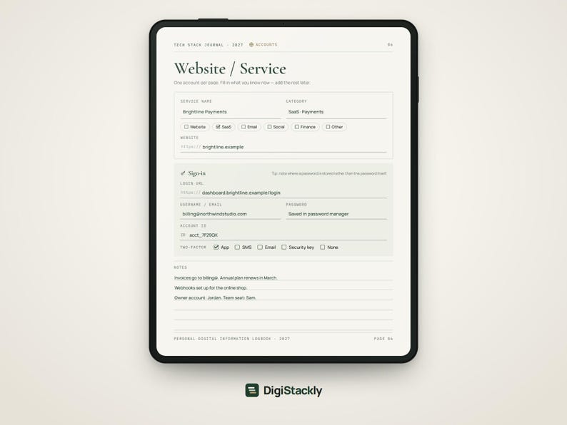 May include: A digital tablet displaying a Tech Stack Journal page titled Website / Service. The form includes fields for service name, category, website, sign-in details, username, password, account ID, two-factor authentication, and notes.