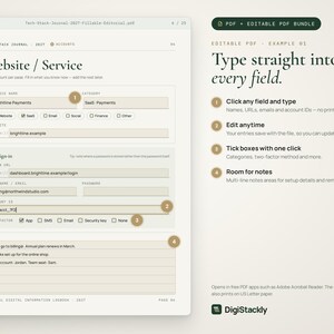 May include: A digital PDF template for a tech stack journal featuring a Website/Service page with fillable fields for service name, category, login URL, username, password, and account ID. The document includes checkboxes and note sections.