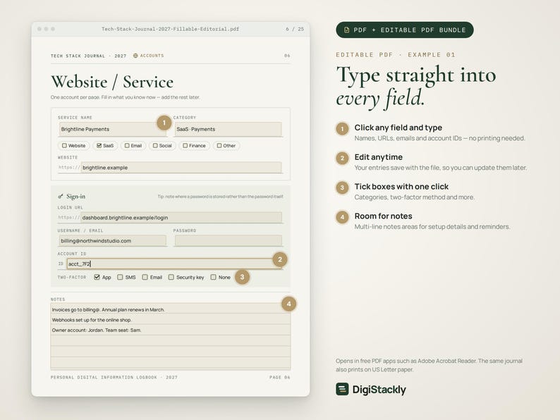 May include: A digital PDF template for a tech stack journal featuring a Website/Service page with fillable fields for service name, category, login URL, username, password, and account ID. The document includes checkboxes and note sections.