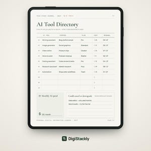 May include: A digital tablet displaying an AI Tool Directory page. The table includes columns for tool, purpose, plan, cost, and renewal. Below the table, sections for monthly AI spend and cancellation or downgrade notes are visible.