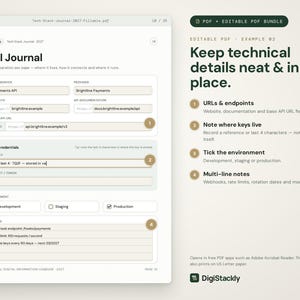 May include: An editable PDF API Journal page featuring fields for API service, provider, website, documentation, base URL, credentials, and environment checkboxes. The right side displays text explaining the journal's features and the DigiStackly logo.