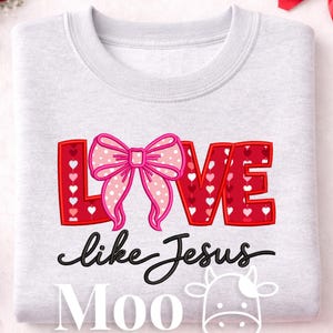 May include: A light gray sweatshirt with the words "LOVE" in red, with a pink bow, and the words "like Jesus" in black script. The word "Moo" is below, with a cow graphic and the word "EMBROIDERY".