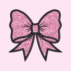 May include: A pink glitter bow with black outline. The bow is a popular embellishment for crafts, hair accessories, and decorations.