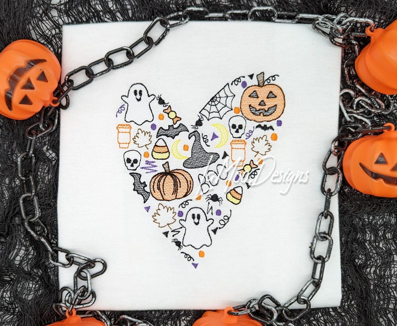 Halloween Sketch Embroidery Design Halloween Heart Sketch Etsy