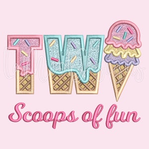 TWO Scoops of Fun Ice Cream Waffle Cone 2nd Birthday Number Embroidery Applique Design | #2 Birthday Embroidery Design, 3 Sizes 5x7 6x10 8x8