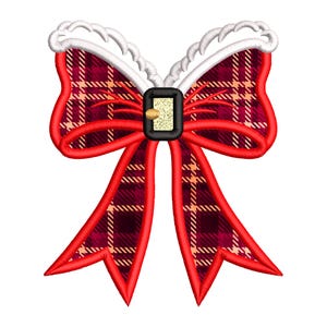 May include: A red and white plaid bow with a white fluffy trim and a gold buckle. The bow is a festive decoration for Christmas or other celebrations.