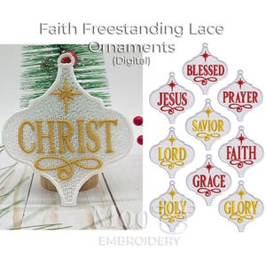 May include: White freestanding lace Christmas ornaments with gold and red embroidery. One ornament says "CHRIST" in gold. Other ornaments say "BLESSED", "JESUS", "PRAYER", "SAVIOR", "LORD", "FAITH", "GRACE", "HOLY", and "GLORY".