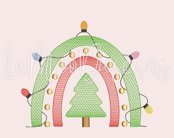 Sketch Christmas Rainbow With Lights Embroidery Design 4x4 5x7 6x10 8x8, Sketch Machine Embroidery Design 4 Sizes, Chirstmas Rainbow