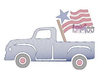 May include: A blue pickup truck with a red, white, and blue American flag waving from the back. The flag has a white star on a blue background.