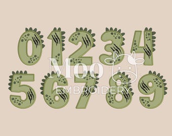 May include: A set of ten green numbers, zero through nine, with a dinosaur-like design. Each number has a textured appearance and is outlined in a darker green. The numbers are set against a light tan background.