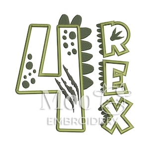 May include: Green embroidered design featuring the number "4" with polka dots, claw marks, and the word "REX". The design has a dinosaur theme, with a dinosaur footprint in the letter "R".