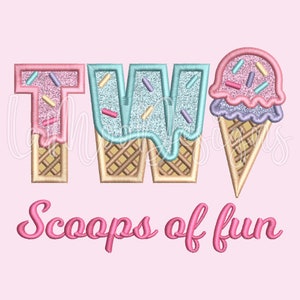 TWO Scoops of Fun Ice Cream Waffle Cone 2nd Birthday Number Embroidery Applique Design | #2 Birthday Embroidery Design, 3 Sizes 5x7 6x10 8x8