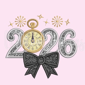Nieuwjaar 2026 met borduurontwerp strik appliqué, zes maten past hoepels 5 x 7 6 x 10 8 x 8, 2026 machineborduurontwerp, 2026 nieuwjaarsklok
