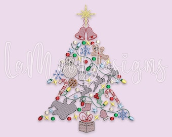Christmas Tree Sketch Embroidery Design, Three Sizes 5x7 6x10 8x8, Christmas Tree with Lights Sketch Design