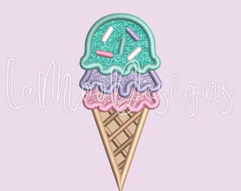 Ice Cream Cone Embroidery Applique Design, 5 Sizes Ice Cream Waffle Cone, Three Scoops Ice Cream Cone, Satin Stitch Embroidery Applique